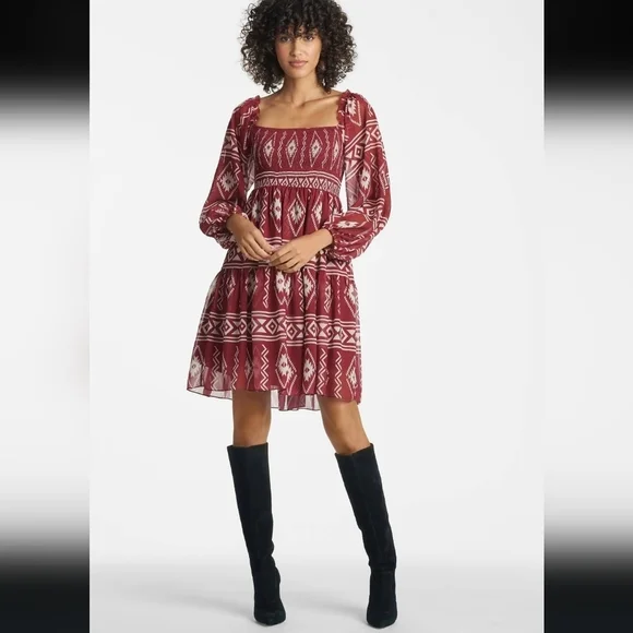 Sachin & Babi, Lola Short Printed Empire Dress, Aztec Borders Crimson - Size XS‎